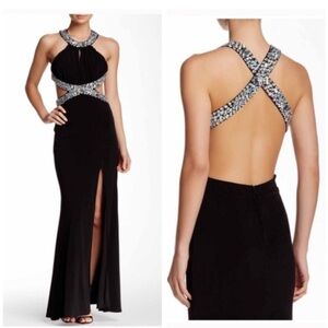 Beautiful black backless dress with jewels (012)